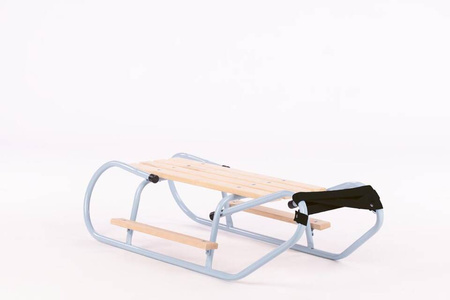 Zestaw Sanki Polskie metalowe z ponóżkami oraz oparciem i popychaczem - BABY BLUE + materacyk czarny z ODBLASKIEM