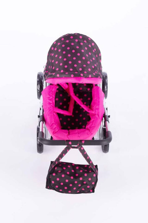 Wózek głęboki dla lalek ALICE - BLACK and PINK DOTS
