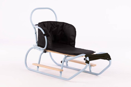 Zestaw Sanki Polskie metalowe z ponóżkami oraz oparciem i popychaczem - BABY BLUE + materacyk czarny z ODBLASKIEM