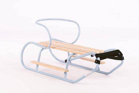 Zestaw Sanki metalowe z oparciem i podnóżkiem + materacyk z odblaskiem - BABY BLUE