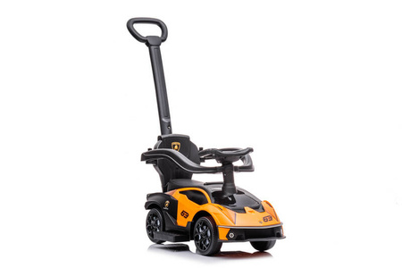 Jeździk z prowadnikiem LAMBORGINI (na licencji) gumowe koła - POMARAŃCZOWY + rejestracja