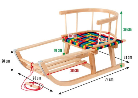 Zestaw Drewniane sanki BUKOWE "Maluch" z oparciem i siedzeniem parcianym + sznurek z uchwytem + czarny materacyk