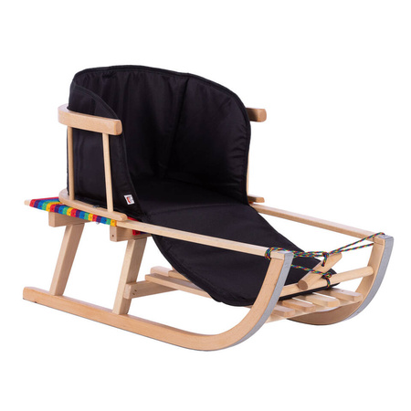 Zestaw Drewniane sanki BUKOWE "Maluch" z oparciem i siedzeniem parcianym + sznurek z uchwytem +popychacz + materacyk