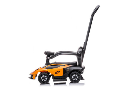 Jeździk z prowadnikiem LAMBORGINI (na licencji) gumowe koła - POMARAŃCZOWY + rejestracja