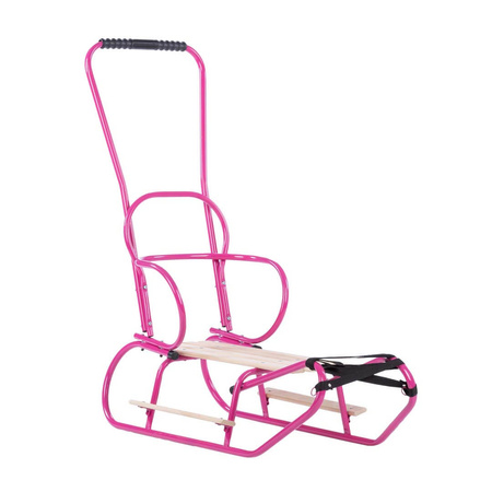 Zestaw Sanki Polskie metalowe z ponóżkami oraz oparciem i popychaczem - RÓŻOWE + materacyk czarny