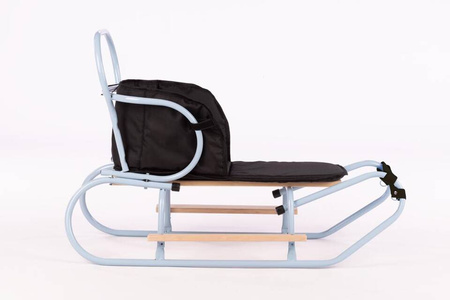 Zestaw Sanki Polskie metalowe z ponóżkami oraz oparciem i popychaczem - BABY BLUE + materacyk czarny z ODBLASKIEM