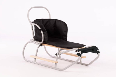 Zestaw Sanki Polskie metalowe z ponóżkami oraz oparciem i popychaczem - JANY SZARY + materacyk czarny z ODBLASKIEM