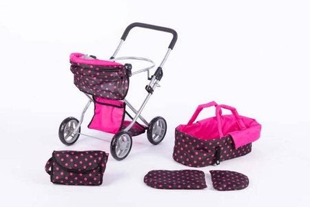 Wózek głęboki dla lalek ALICE - BLACK and PINK DOTS