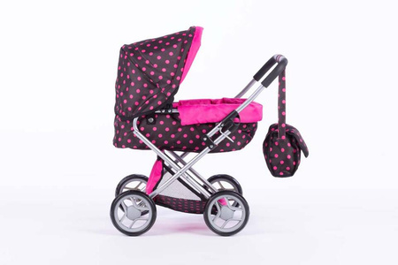 Wózek głęboki dla lalek ALICE - BLACK and PINK DOTS