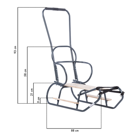 Sanki Polskie metalowe z ponóżkami oraz oparciem i popychaczem + materacyk z ODBLASKIEM - GRAFITOWE