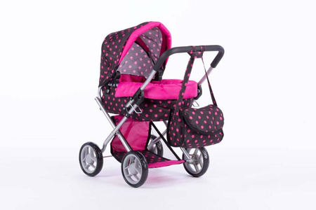 Wózek głęboki dla lalek ALICE - BLACK and PINK DOTS