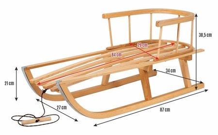 Drewniane sanki BUKOWE z oparciem + sznurek z uchwytem