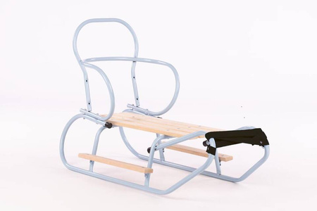 Zestaw Sanki Polskie metalowe z ponóżkami oraz oparciem i popychaczem - BABY BLUE + materacyk czarny z ODBLASKIEM