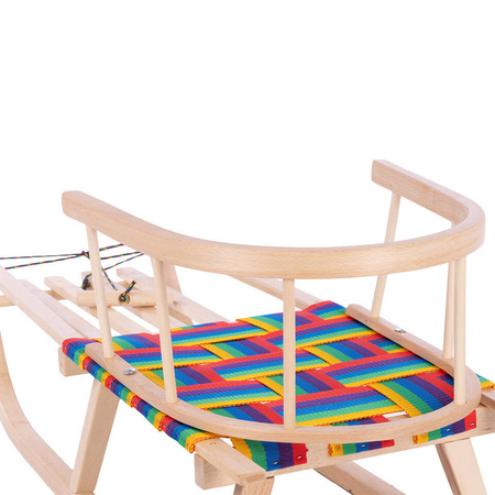 Drewniane sanki BUKOWE "Maluch" z oparciem i siedzeniem parcianym + sznurek z uchwytem