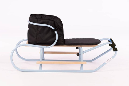 Zestaw Sanki metalowe z oparciem i podnóżkiem + materacyk z odblaskiem - BABY BLUE
