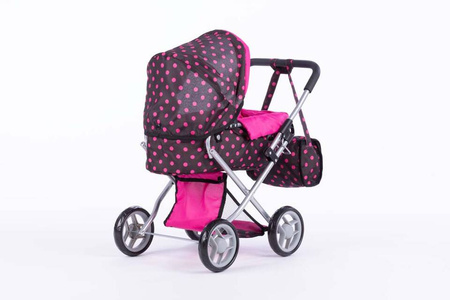 Wózek głęboki dla lalek ALICE - BLACK and PINK DOTS