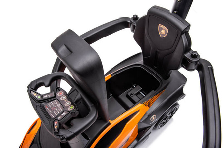 Jeździk z prowadnikiem LAMBORGINI (na licencji) gumowe koła - POMARAŃCZOWY + rejestracja