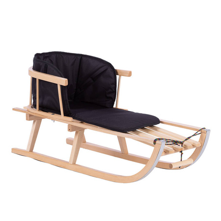 Zestaw Drewniane sanki BUKOWE z oparciem + sznurek z uchwytem + czarny materacyk + popychacz